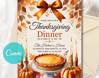 Thanksgiving Dinner Invitation, Pumpkin Fall Theme, Friendsgiving Party Invite,  Let's Give Thanks Invitation, Editable Canva Template