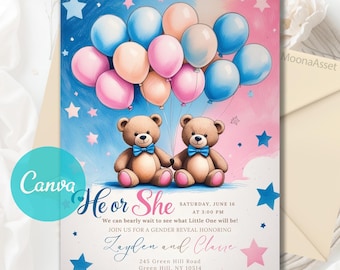 EDITABLE Teddy Bears Gender Reveal Invitation, Teddy Bear Idea Gender Reveal Invite, Pink And Light Blue He or She, Editable Canva Template