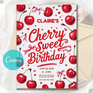 May include: A white birthday invitation card with a cherry design. The card features red cherries, bows, and hearts. Text includes "Claire's Cherry Sweet Birthday" and event details: June 28, 2025, 3-5 PM, and an RSVP number.