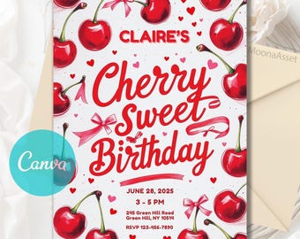 Invitación de cumpleaños con temática de cerezas, invitación con lazo de cerezas, fiesta de cumpleaños de niña con temática de cerezas, invitación personalizada, plantilla editable de Canva