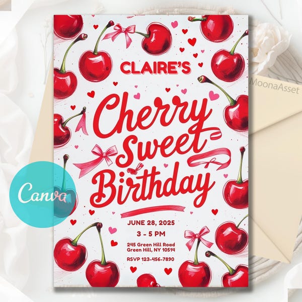 Cherry Sweet Birthday Party Invitation, Cherry Bow Birthday Invite, Cherry Theme Girl Birthday Party, Custom Invite, Editable Canva Template
