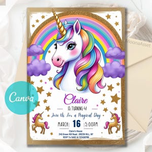 Unicorn Rainbow Girl’s Birthday Party Digital Invitation Template, Pink Unicorn Invite,  Printable Digital Woman, Canva Editable Template A