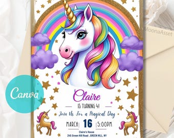 Unicorn Rainbow Girl’s Birthday Party Digital Invitation Template, Pink Unicorn Invite,  Printable Digital Woman, Canva Editable Template A