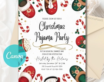 Christmas Pajama Party Invitation, Pajama Invitation, Christmas Party Invite, Holiday Party Invite, Sleepover Party, Editable Canva Template