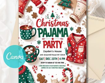 Christmas Pajama Party Invitation, Pajama Invitation, Christmas Party Invitation, Holiday Party Invite, Xmas Party, Editable Canva Template