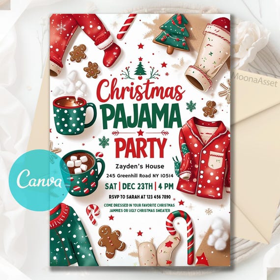 Christmas Pajama Party Invitation, Pajama Invitation, Christmas Party Invitation, Holiday Party Invite, Xmas Party, Editable Canva Template