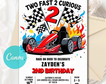 Two Fast Birthday Invitation, 2nd Birthday Invitation, Race Car 2nd Birthday, Two Fast 2 Curious Race Car Invite, Editable Canva Template, 2