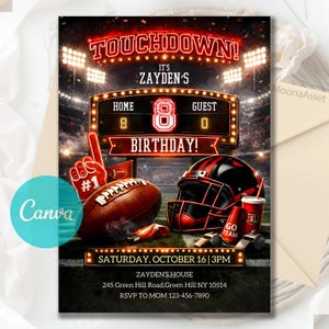 May include: Football-themed birthday party invitation with the text "TOUCHDOWN!" and "BIRTHDAY!" in red. Includes a football, helmet, and foam finger. The invitation is for Zayden's birthday, with the date and time displayed.