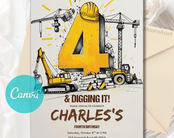 Construction Birthday Invitation, Truck Party Invite, Construction Invitation, 4th Birthday Invitation, Digging It, Editable Canva Template