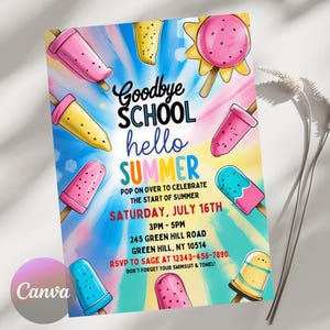 Goodbye school hello summer Party, Goodbye School Hello Pool Invitation Template, End of School Party Invitation, Canva Editable Template