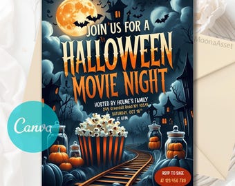 Halloween Movie Night Invitation, Family Halloween Party Invite, Backyard Halloween Movie Outdoor Movie Birthday, Editable Canva Template
