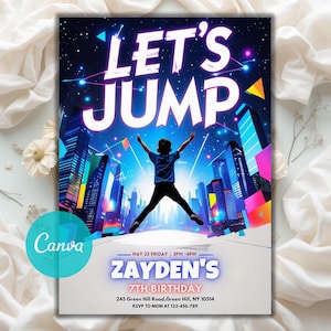Editable Trampoline Park Invitation, Printable Teen Jump Party, Any Age Let&#39;s Jump Birthday Party Invite, Editable Canva Template