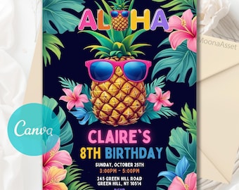 Aloha Tropical Birthday Invitation, Hawaiian Pineapple Birthday Invitation, Aloha Party Invite, Luau Party Invite, Editable Canva Template