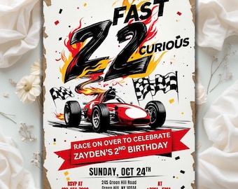 Two Fast 2 Curious Race Car Invite, Two Fast Birthday Invitation, 2nd Birthday Invitation, Race Car 2nd Birthday, Editable Canva Template