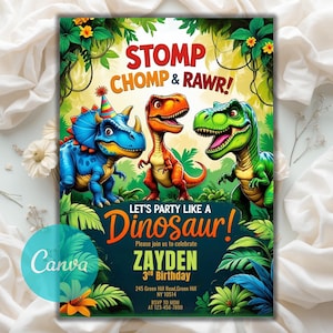 Invitation Template, Instant Download, EDITABLE TEMPLATE,Dino Boy birthday,Dinosaur Party Card,T Rex Birthday,T-rex party invite,Three rex birthday,Dinosaur Park Invite,Jurassic Birthday,Three rex,Dinosaur invitation,dinosaur invite