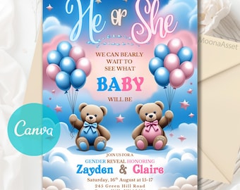 Teddy Bears Gender Reveal Invitation, Pink & Blue Balloons, Teddy Bear Idea Gender Reveal Invitation, He or She, Editable Canva Template