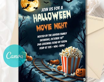 Halloween Movie Night Invitation, Backyard Halloween Movie Outdoor Movie Birthday, Family Halloween Party Invite, Editable Canva Template