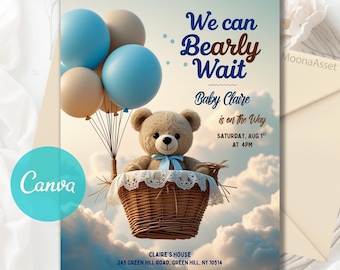 Faire-part de baby shower modifiable ours, Invitation We can Bearly Wait, invitation de baby shower garçon bleu bohème ours en peluche, modèle de toile modifiable