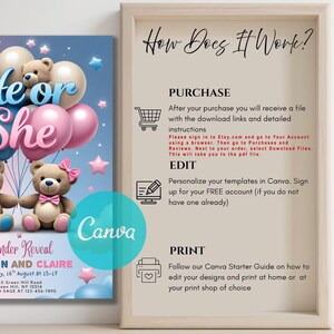 Invitation Template, Instant Download, EDITABLE TEMPLATE, teddy bear shower,couples shower,teddy bear invite, boy or girl invite, he or she evite,blue and pink invite, guess the gender, what will it be,,watercolor template, gender announcement