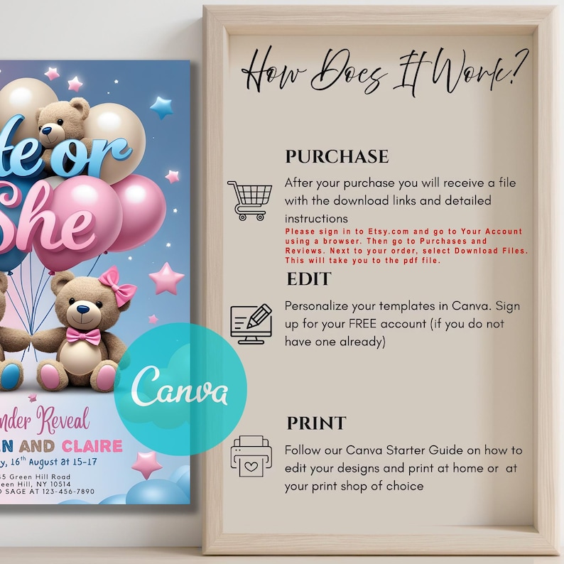 Invitation Template, Instant Download, EDITABLE TEMPLATE, teddy bear shower,couples shower,teddy bear invite, boy or girl invite, he or she evite,blue and pink invite, guess the gender, what will it be,,watercolor template, gender announcement