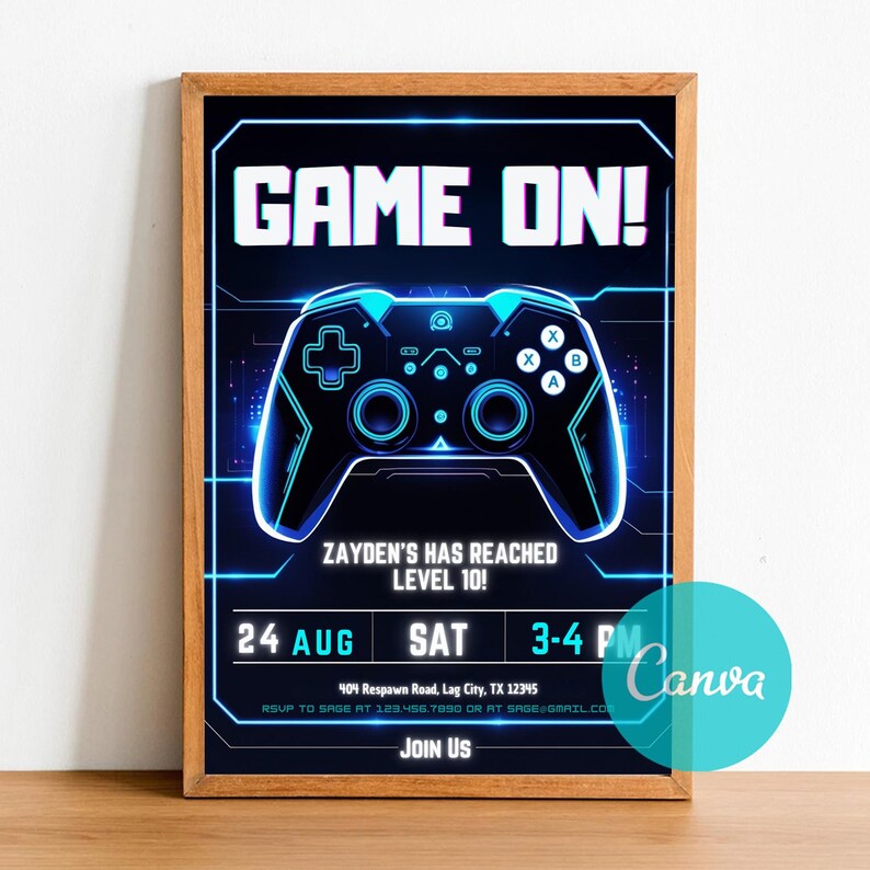 Birthday Invitation,Invitation for Boys,Canva video game,invitation template,Team Sports Template,Game Birthday Invite,One Year First,Gamer Party Invite,Level up Birthday,Video Game Birthday,Neon Gaming Invite, gamer truck party,game truck boy