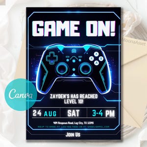 Gamer Editable Video Game Birthday Invitation, Blue Neon Glow Invite, Video Game Party Invite, Gamer Birthday Party, Canva Editable Template
