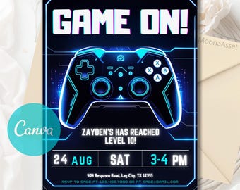 Gamer Editable Video Game Birthday Invitation, Blue Neon Glow Invite, Video Game Party Invite, Gamer Birthday Party, Canva Editable Template