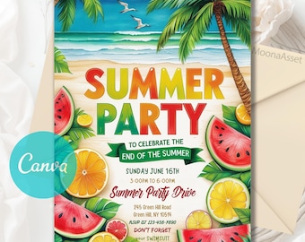 Summer Party Invitation Template,End of Summer Party Invitation, Summer Party Flyer, Summer Invites, Summer Party, Canva Editable Template