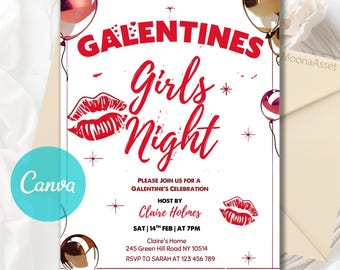 Editable Galentines Girls Night Invitation, Friends Valentines Dinner Invite, Galentines day Invite, Digital Valentine Invite Canva Template
