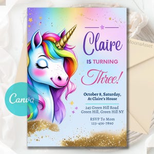 Unicorn Rainbow Girl’s Birthday Party Digital Invitation Template, Pink Unicorn Invite,  Printable Digital Woman, Canva Editable Template