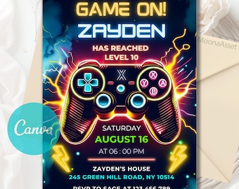 Video Game Birthday Party Invitation, Neon Game On Level Up Gaming Birthday Party Invite, Glow Game Party Invite, Editable Canva Template