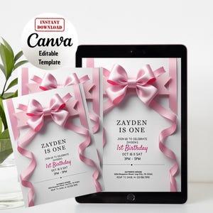 Editable Coquette Pink Bow Birthday Invitation, Pink Bow First Birthday Template, Bow Invite Bow Invite 1st bday, Canvas Editable Template