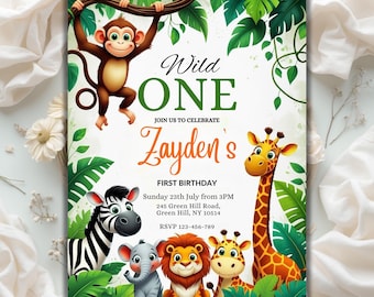 Safari First Birthday Evite, Wild One Birthday, 1st Birthday Digital Invite, Jungle First Birthday Evite, Jungle, Editable Canva Template