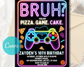 BRUH YOU IN? Neon Gamer Birthday Invitation, Bruh Neon Invitation, Gamer Invite, Edytowalne zaproszenie na urodziny Bruh, Canva Edytowalny szablon