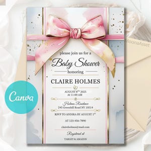 Pink Ribbon Baby Shower Invitation, Elegant Watercolor Coquette Bow Invitation, Pink Girl Baby Shower Invite, Blush, Editable Canva Template