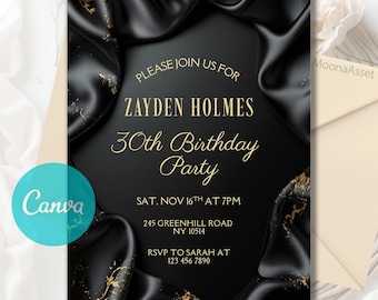 Editable Black & Gold Birthday Invitation, Elegant Dinner Invitation, 30th Birthday Evite, Mens Womens Digital Party Invite, Canva Template