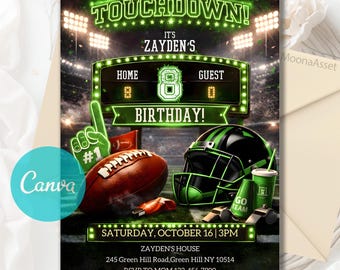 Editable Green Football Birthday Invitation, American Football Invitation, Neon Sports Theme Style Party Invitation, Any Age, Canva Template