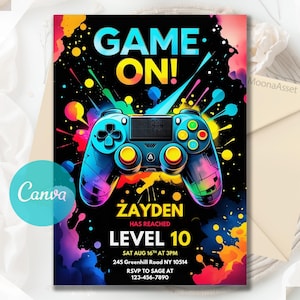 May include: A colourful invitation card with a black backdrop, featuring a video game controller. The text "GAME ON!" is at the top, with "ZAYDEN HAS REACHED LEVEL 10" below. Event details are at the bottom.