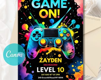 Zaproszenie urodzinowe dla graczy w gry wideo, zaproszenie urodzinowe Level Up, szablon imprezy urodzinowej dla dziewczynek z Game Boy, impreza z automatami do gier, edytowalny szablon Canva