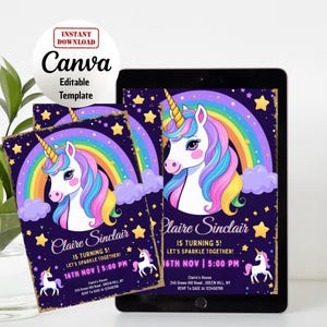 Unicorn Rainbow Girl’s Birthday Party Digital Invitation Template, Unicorn Birthday Invitation Rainbow Party Invite, Canva Editable Template