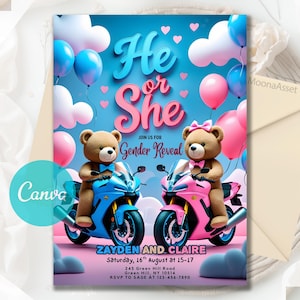 EDITABLE Teddy Bears Gender Reveal Invitation, Teddy Bear Idea Gender Reveal Invite, Pink And Light Blue He or She, Editable Canva Template