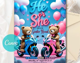 EDITABLE Teddy Bears Gender Reveal Invitation, Teddy Bear Idea Gender Reveal Invite, Pink And Light Blue He or She, Editable Canva Template