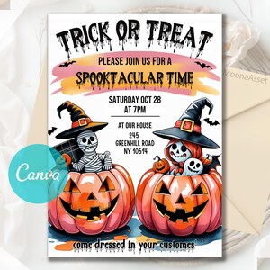 Editable Halloween Trick or Treat Invitation, Trick or Treat Invite, Halloween Party Invitation, Birthday Invite, Editable Canva Template