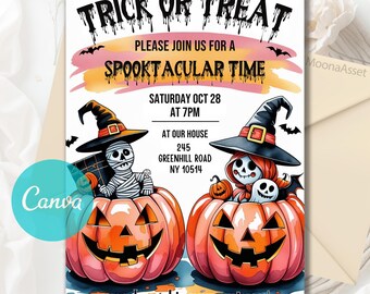 Editable Halloween Trick or Treat Invitation, Trick or Treat Invite, Halloween Party Invitation, Birthday Invite, Editable Canva Template