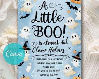 Little Boo Baby Shower Invitation Blue Ghost, Ghost Halloween Baby Shower Invite, Boo Baby Shower Invitation, Editable Canva Template