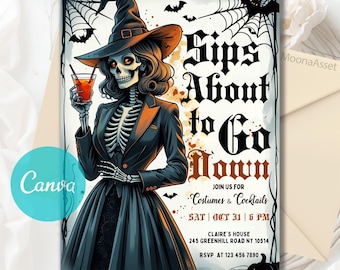 Sips About to Go Down Skeleton Invitation, Adult Halloween skeleton invitation, Cocktails and Costumes Invitation, Editable Canva Template