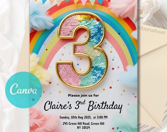 3rd Birthday Invitation Girl, Girls Pink Birthday Invite, Rainbow Sequin Glitter Invite Printable Template for Girls Party, Editable Canva