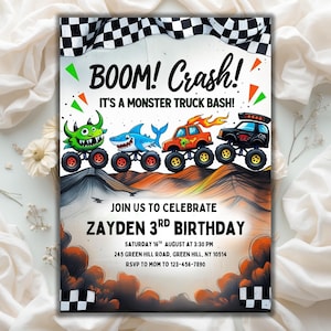 May include: A colorful monster truck birthday party invitation. The design features monster trucks with cartoon characters, the text "BOOM! Crash! It's a Monster Truck Bash!" and party details for Zayden's 3rd birthday.