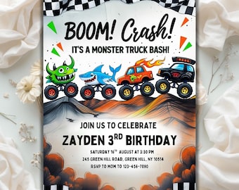 Monster Truck Birthday Invitation, Trucks Birthday Invite, Monster Truck Bash, Boom Crash, Boys Invitation template, Editable Canva Template