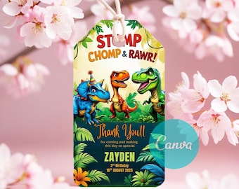Editable Dinosaur Thankyou Gift Tag, Dinosaur Birthday Party Thank you, T-Rex Party, Dinosaur Birthday Favor tag, Editable Canva Template